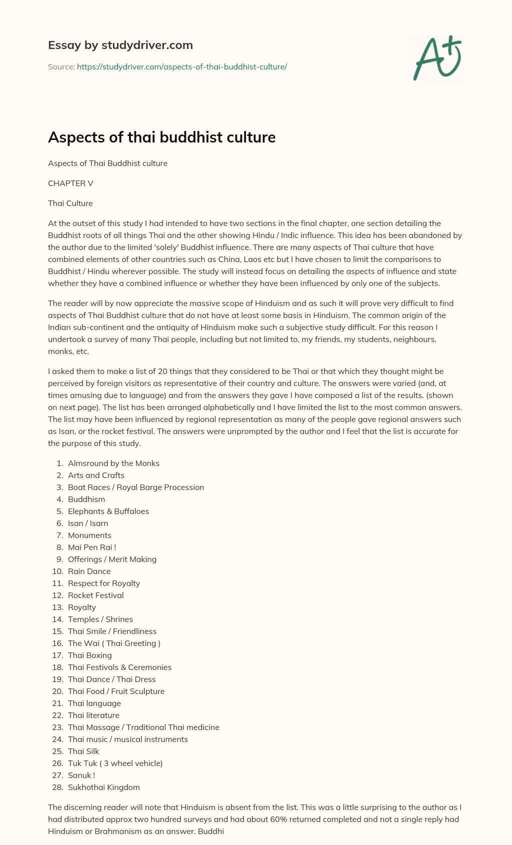 Aspects of Thai Buddhist Culture essay