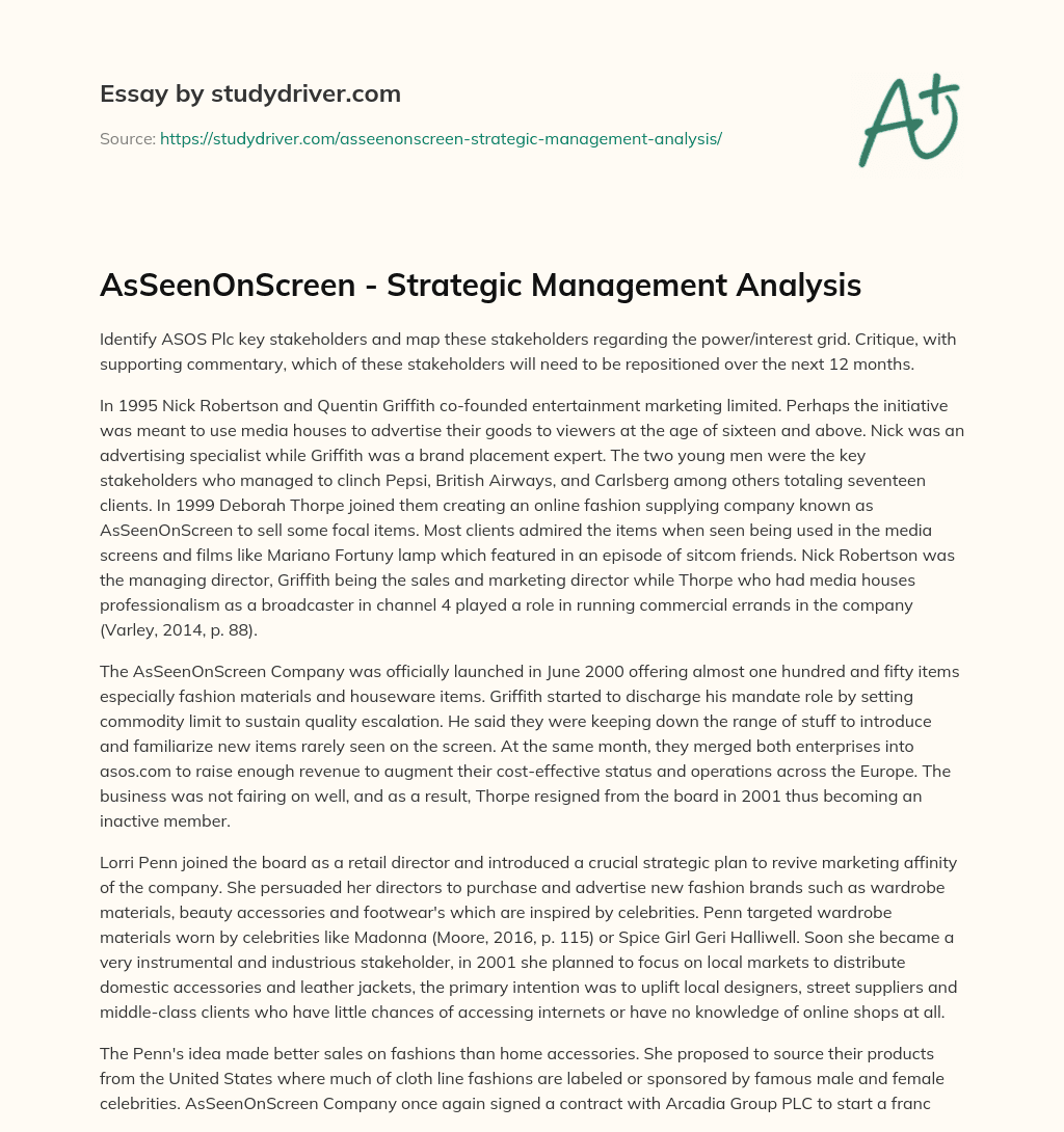 AsSeenOnScreen – Strategic Management Analysis essay