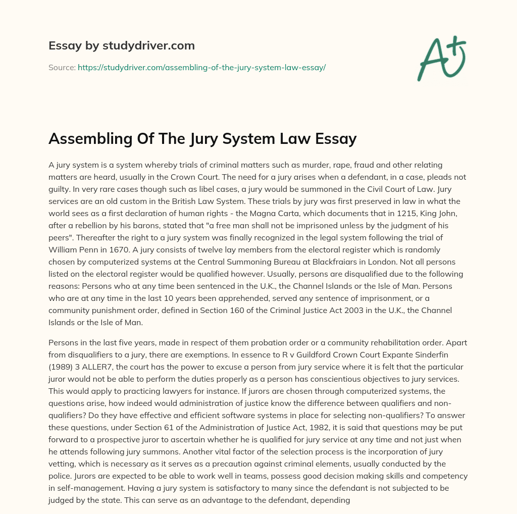 Assembling of the Jury System Law Essay essay