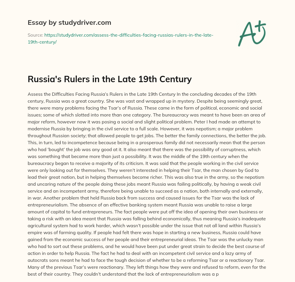 Russia’s Rulers in the Late 19th Century essay