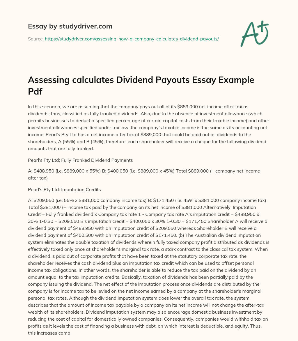 Assessing  Calculates Dividend Payouts Essay Example Pdf essay
