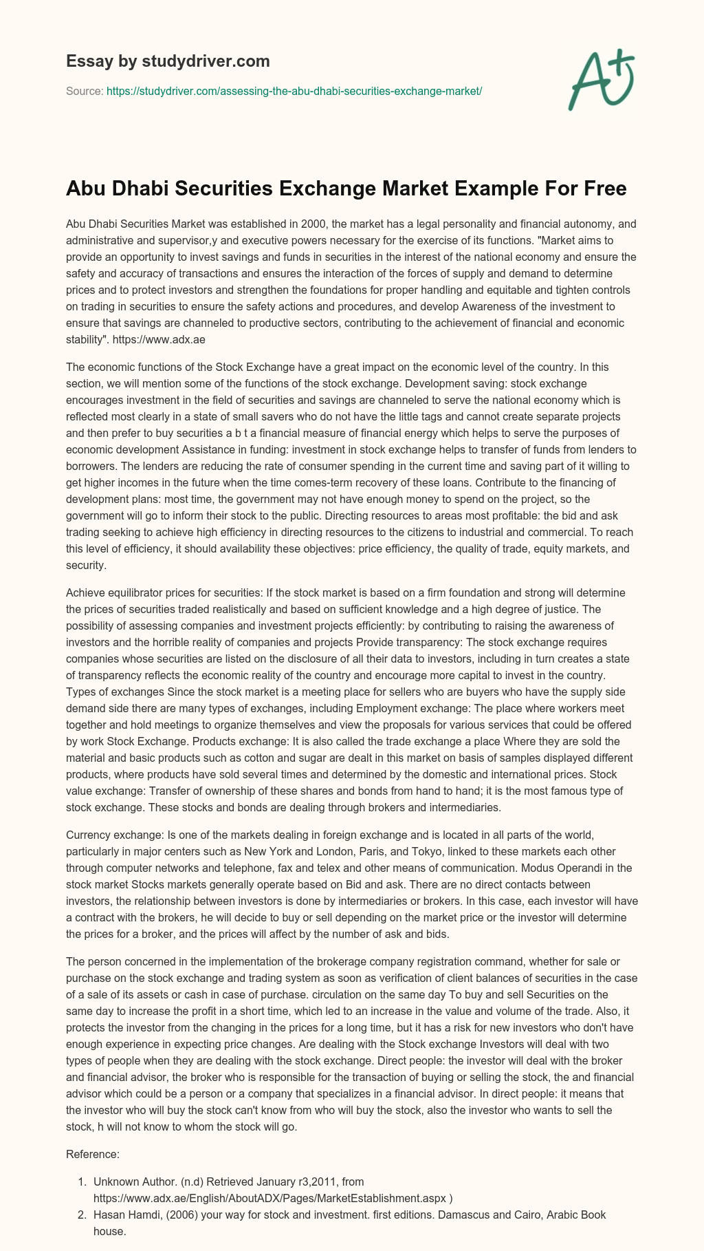 Abu Dhabi Securities Exchange Market Example for Free essay