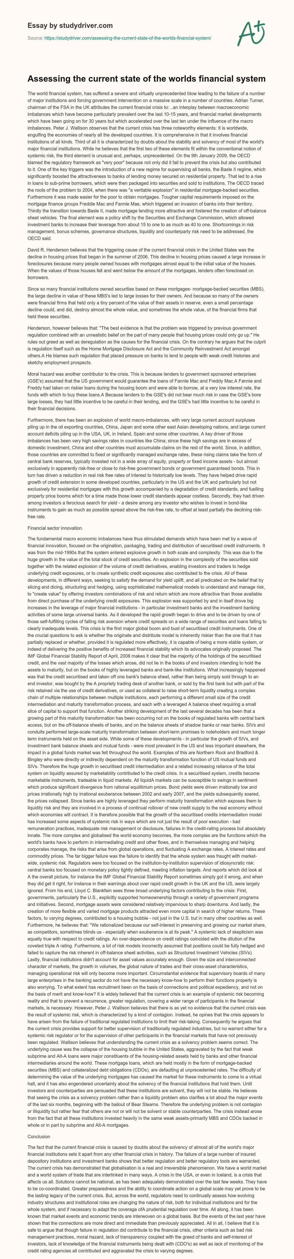 Assessing the Current State of the Worlds Financial System essay