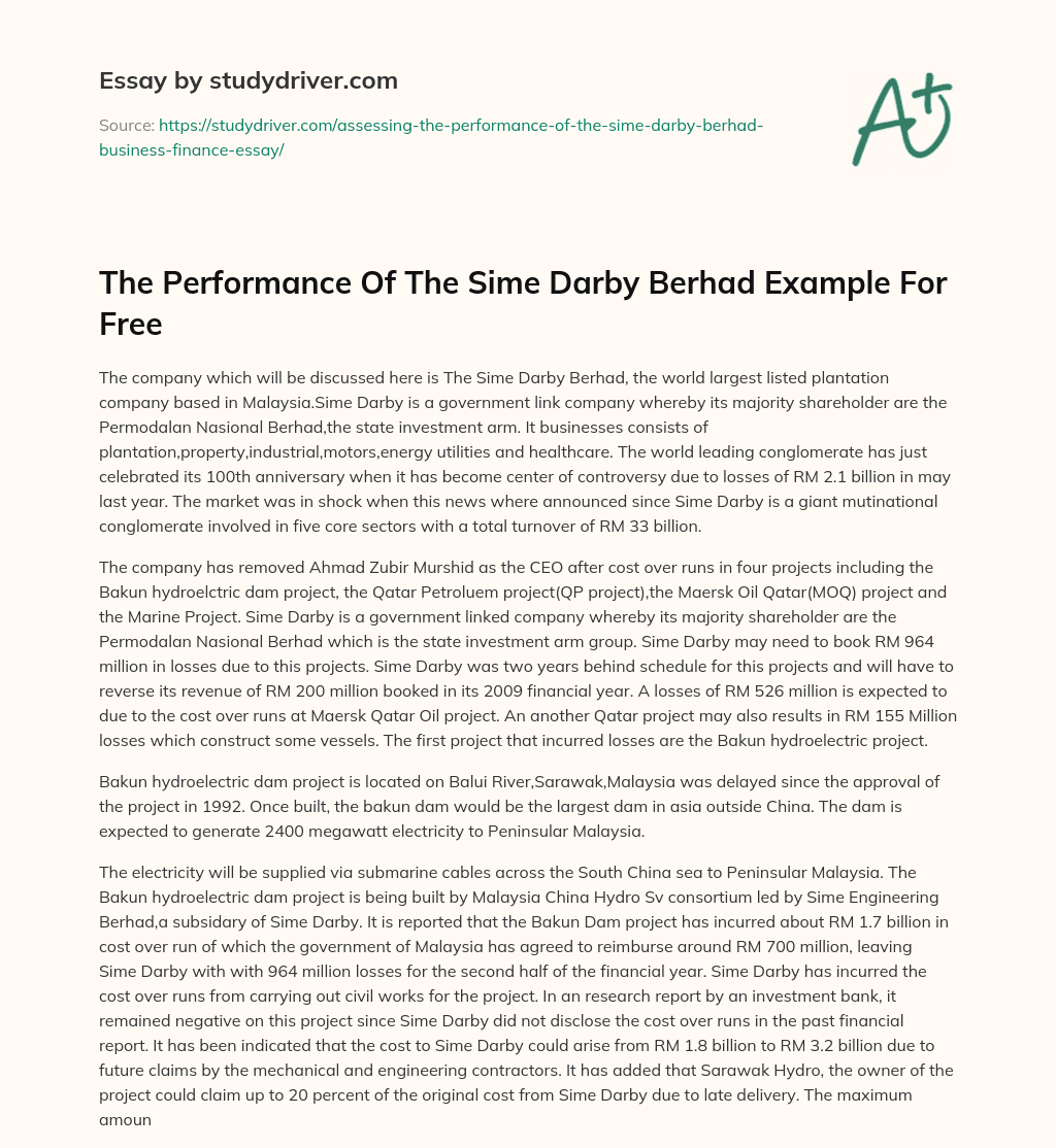 The Performance of the Sime Darby Berhad Example for Free essay