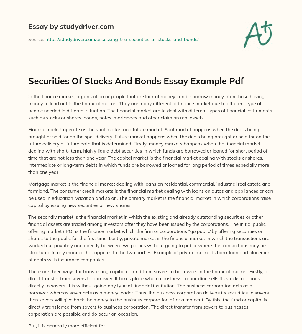 Securities of Stocks and Bonds Essay Example Pdf essay