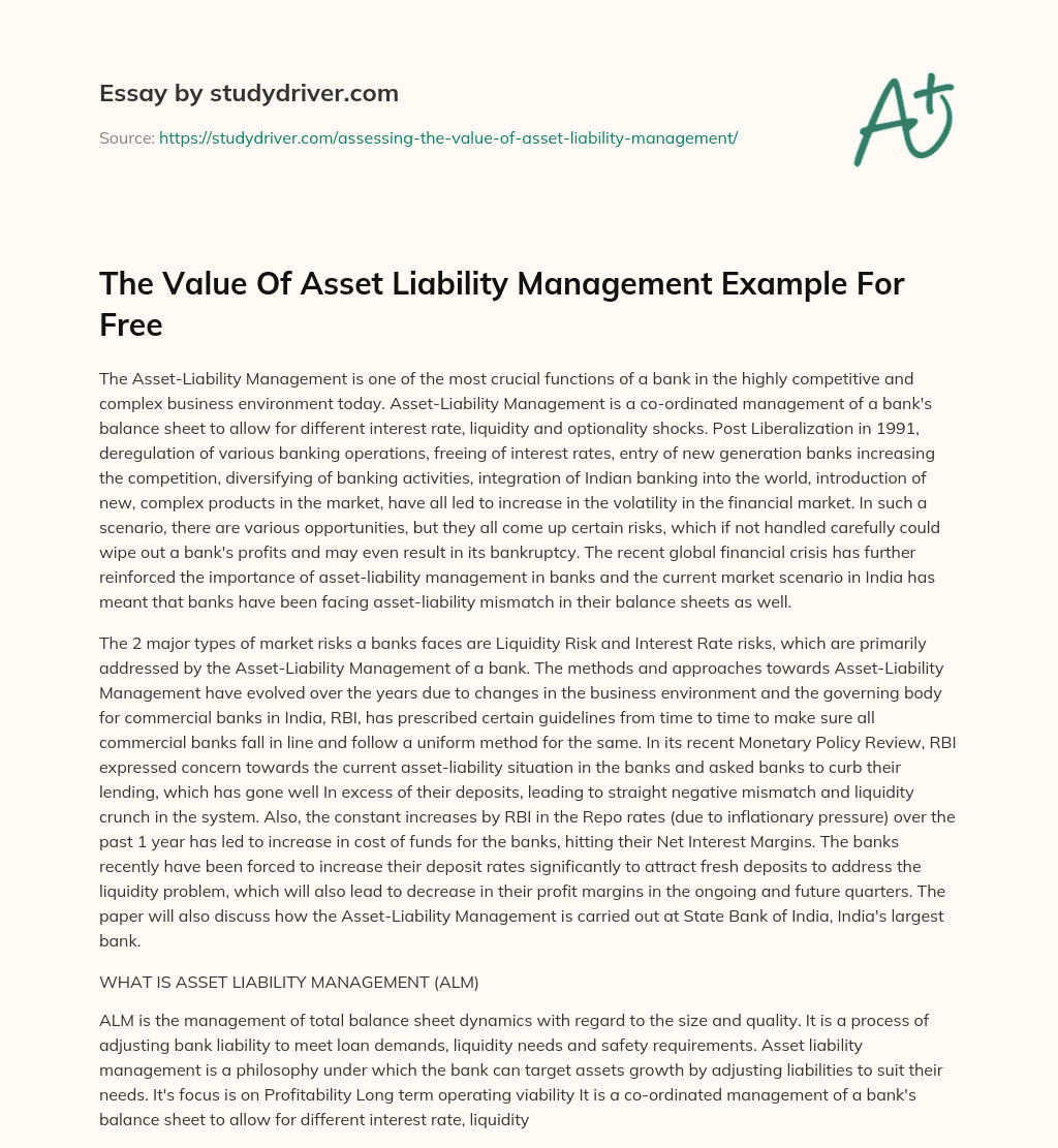 The Value of Asset Liability Management Example for Free essay