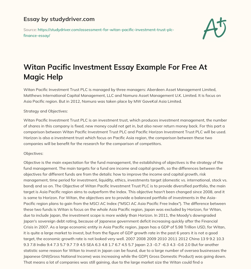 Witan Pacific Investment Essay Example for Free at Magic Help essay