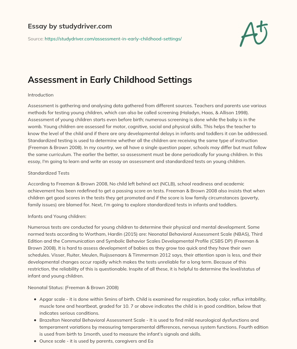 Assessment in Early Childhood Settings essay