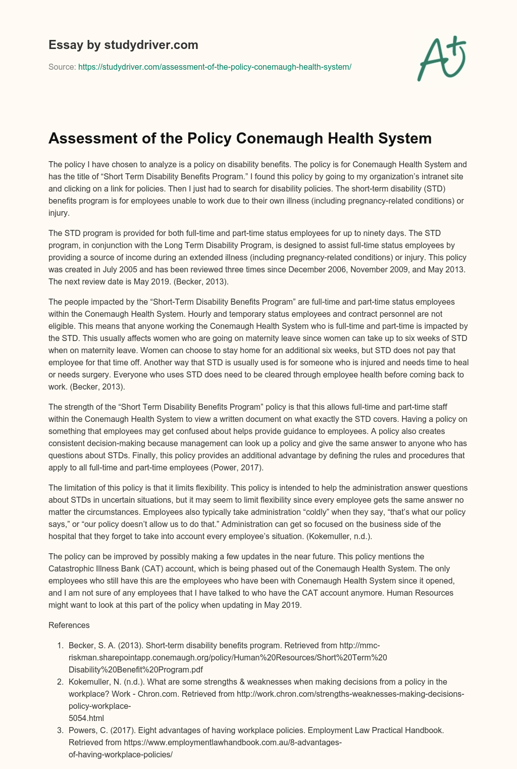Assessment of the Policy Conemaugh Health System essay