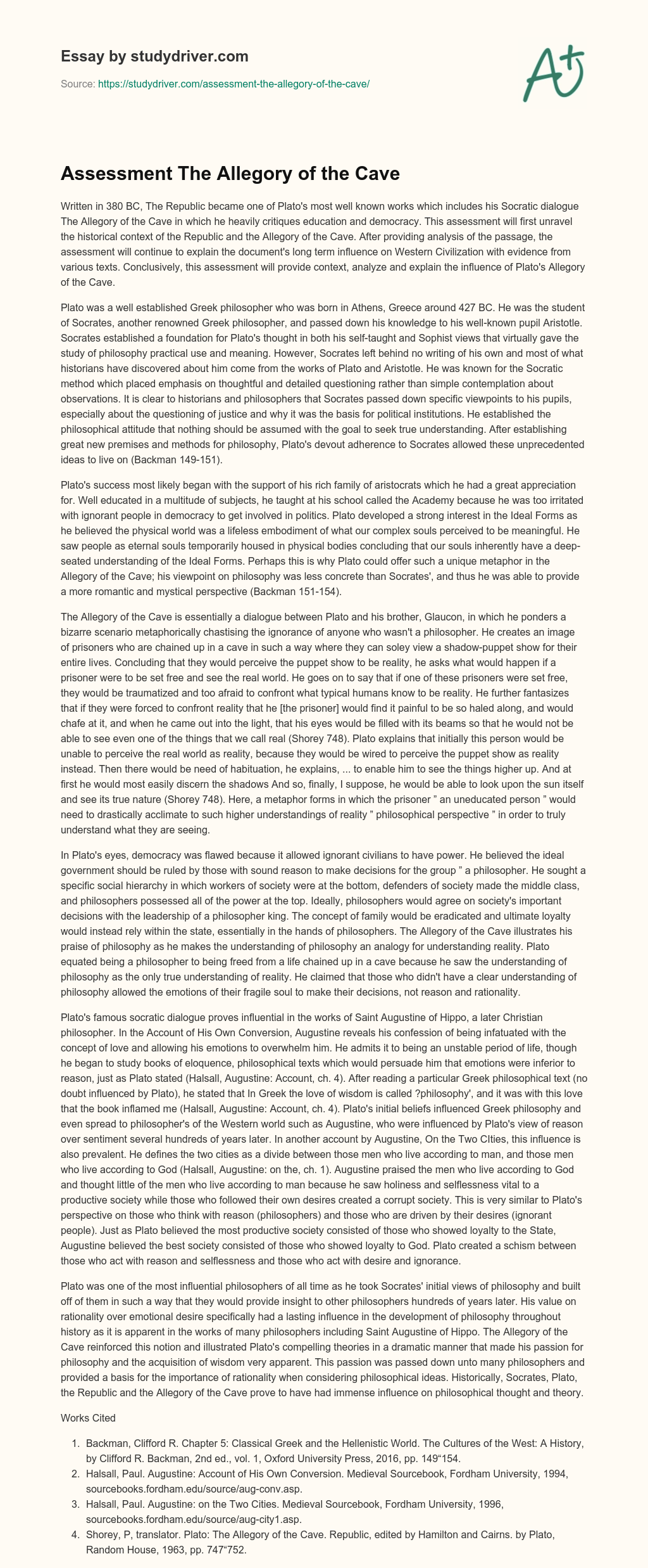 Assessment the Allegory of the Cave essay