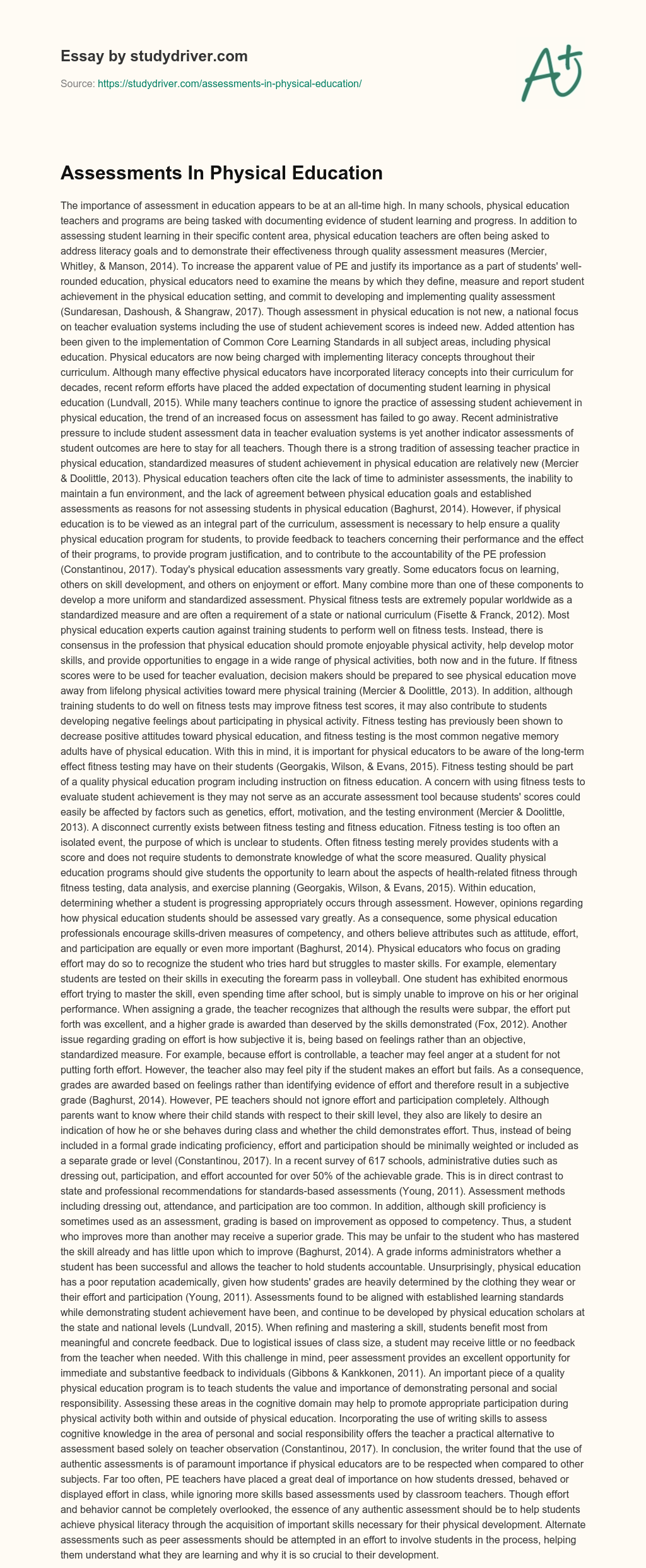 Assessments in Physical Education essay
