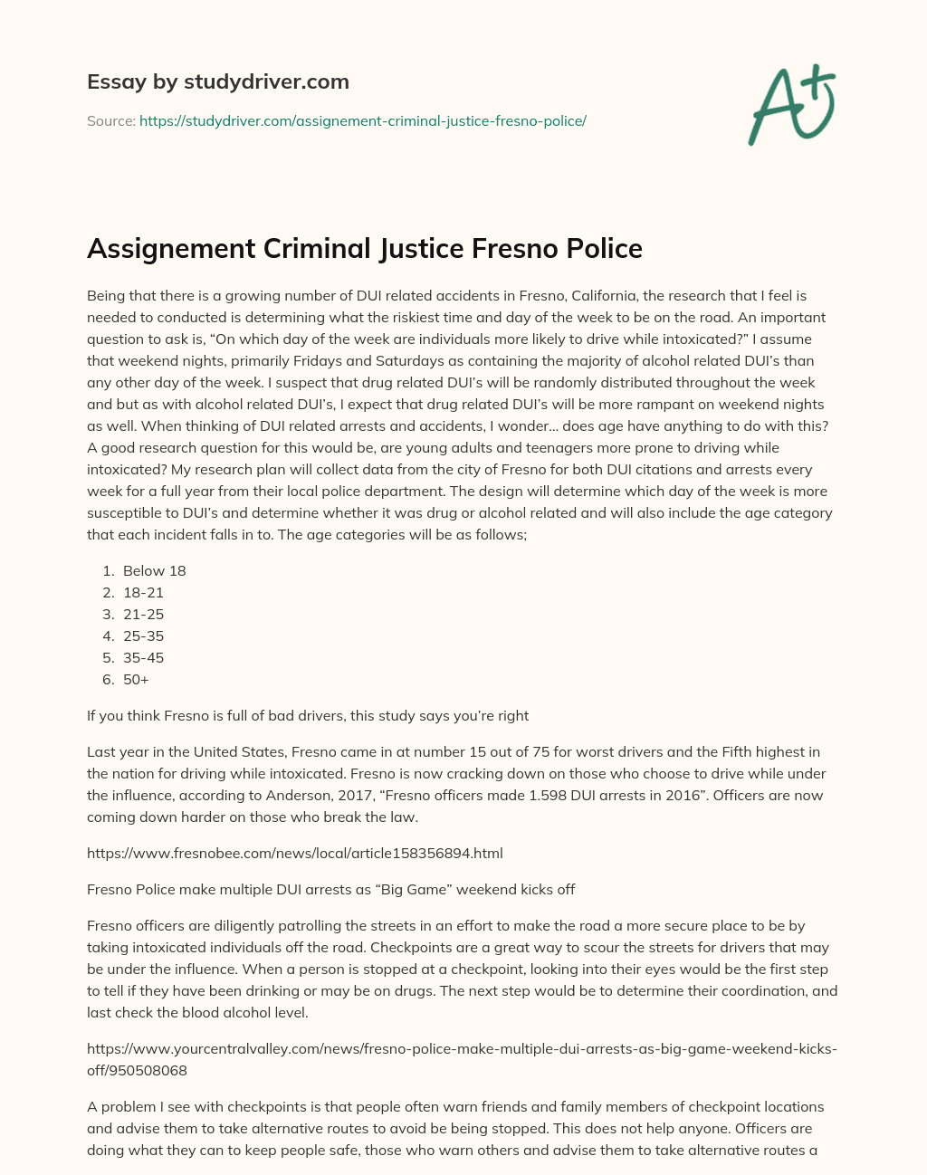 Assignement Criminal Justice Fresno Police essay