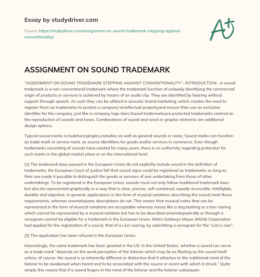 ASSIGNMENT on SOUND TRADEMARK essay