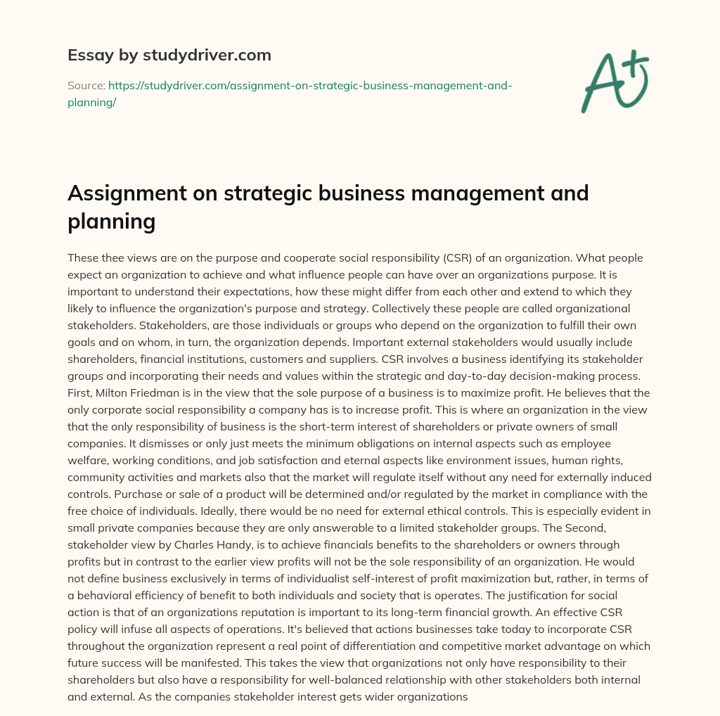 Assignment on Strategic Business Management and Planning essay