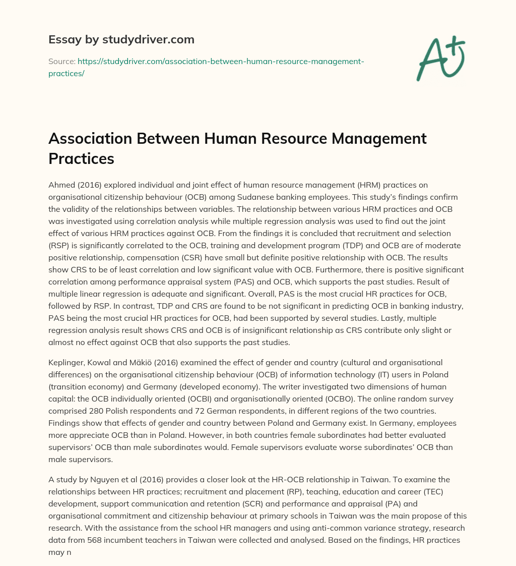 Association between Human Resource Management Practices essay