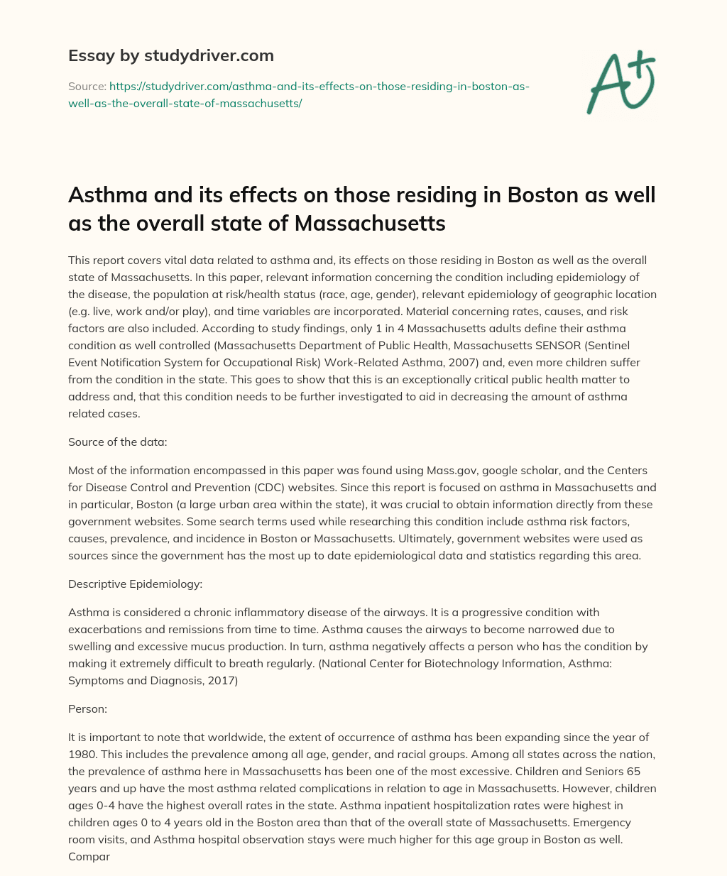 Asthma and its Effects on those Residing in Boston as Well as the Overall State of Massachusetts essay