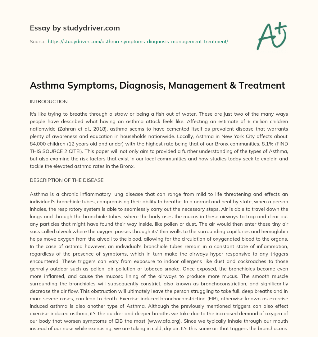 Asthma Symptoms, Diagnosis, Management & Treatment essay