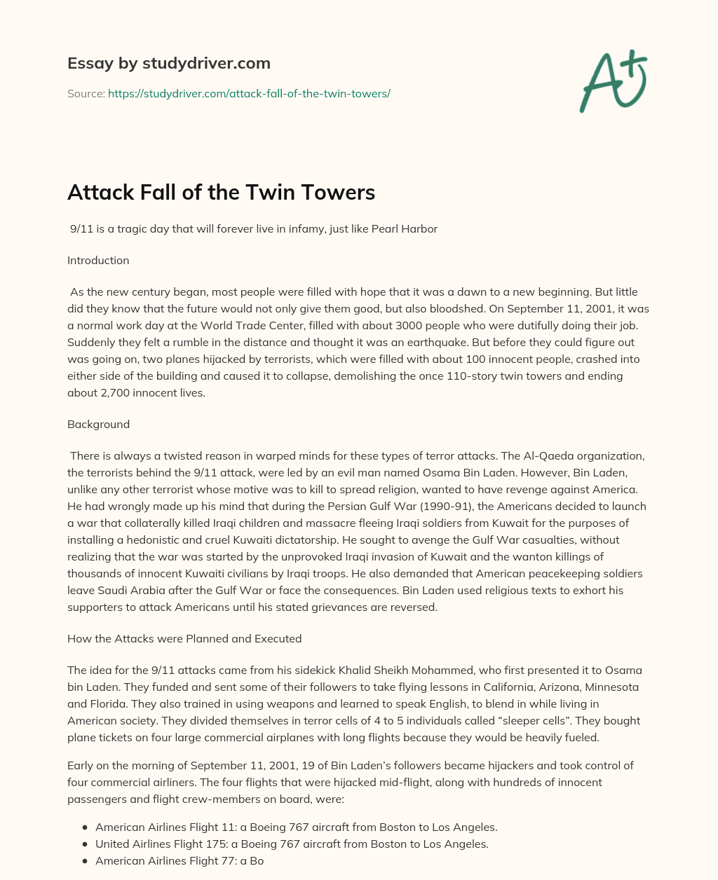 Attack Fall of the Twin Towers essay