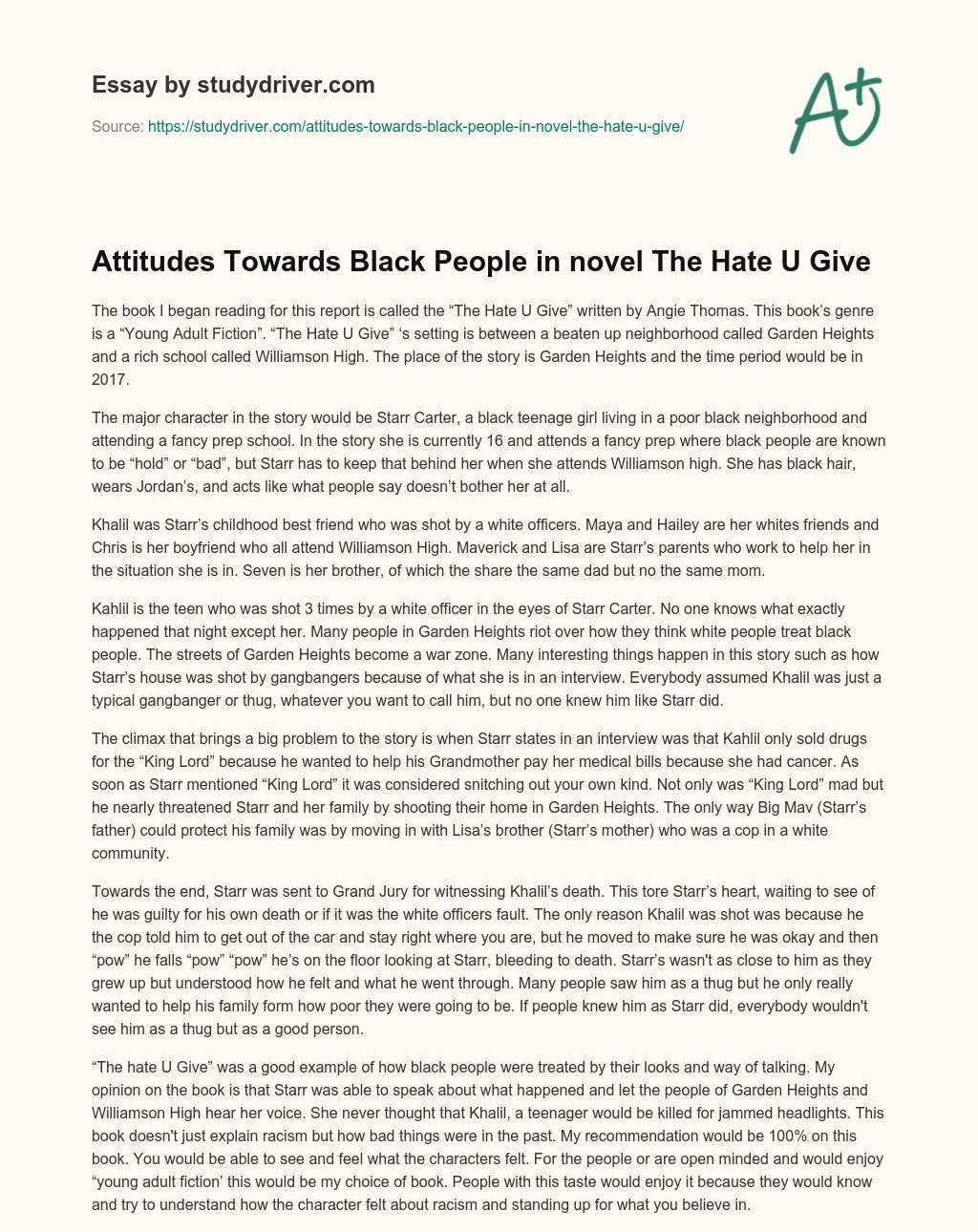 Attitudes Towards Black People in Novel the Hate U Give essay