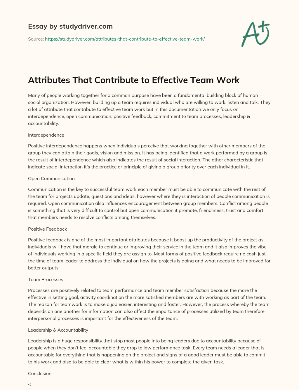 Attributes that Contribute to Effective Team Work essay