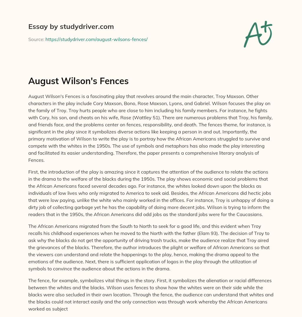 August Wilson’s Fences essay