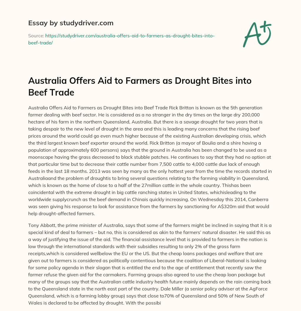 Australia Offers Aid to Farmers as Drought Bites into Beef Trade essay