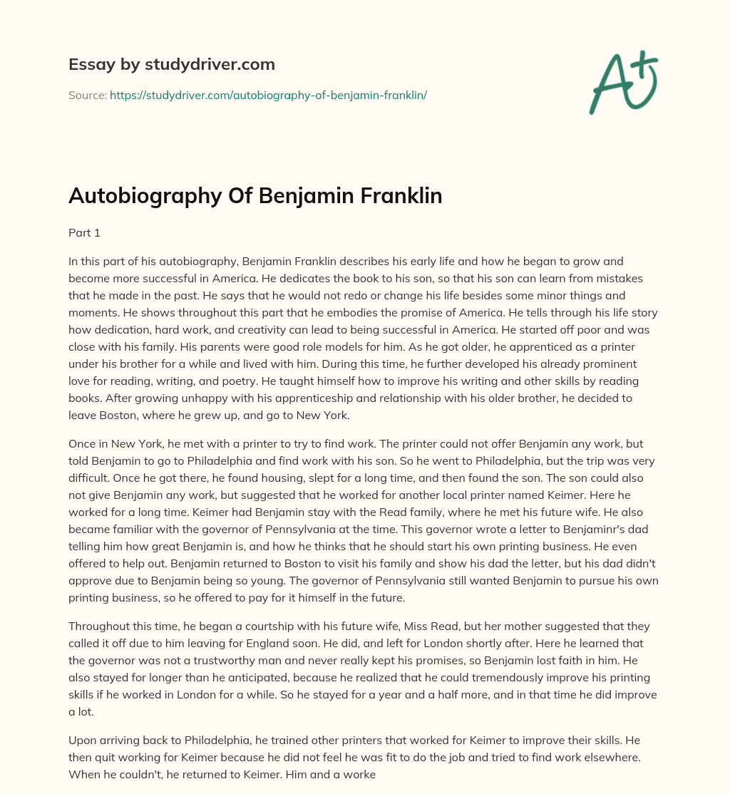 Autobiography of Benjamin Franklin essay