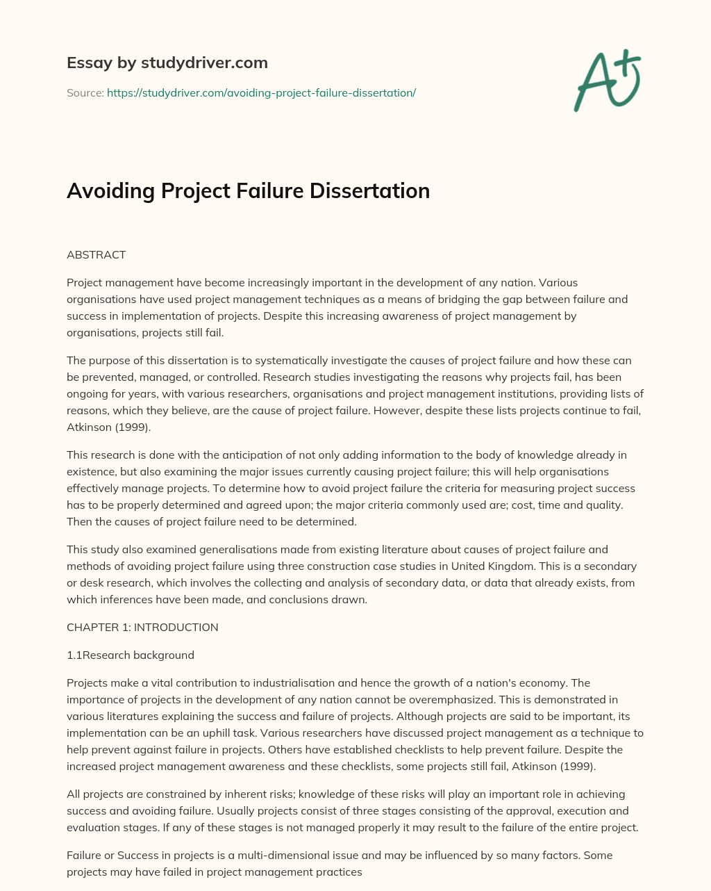 Avoiding Project Failure Dissertation essay