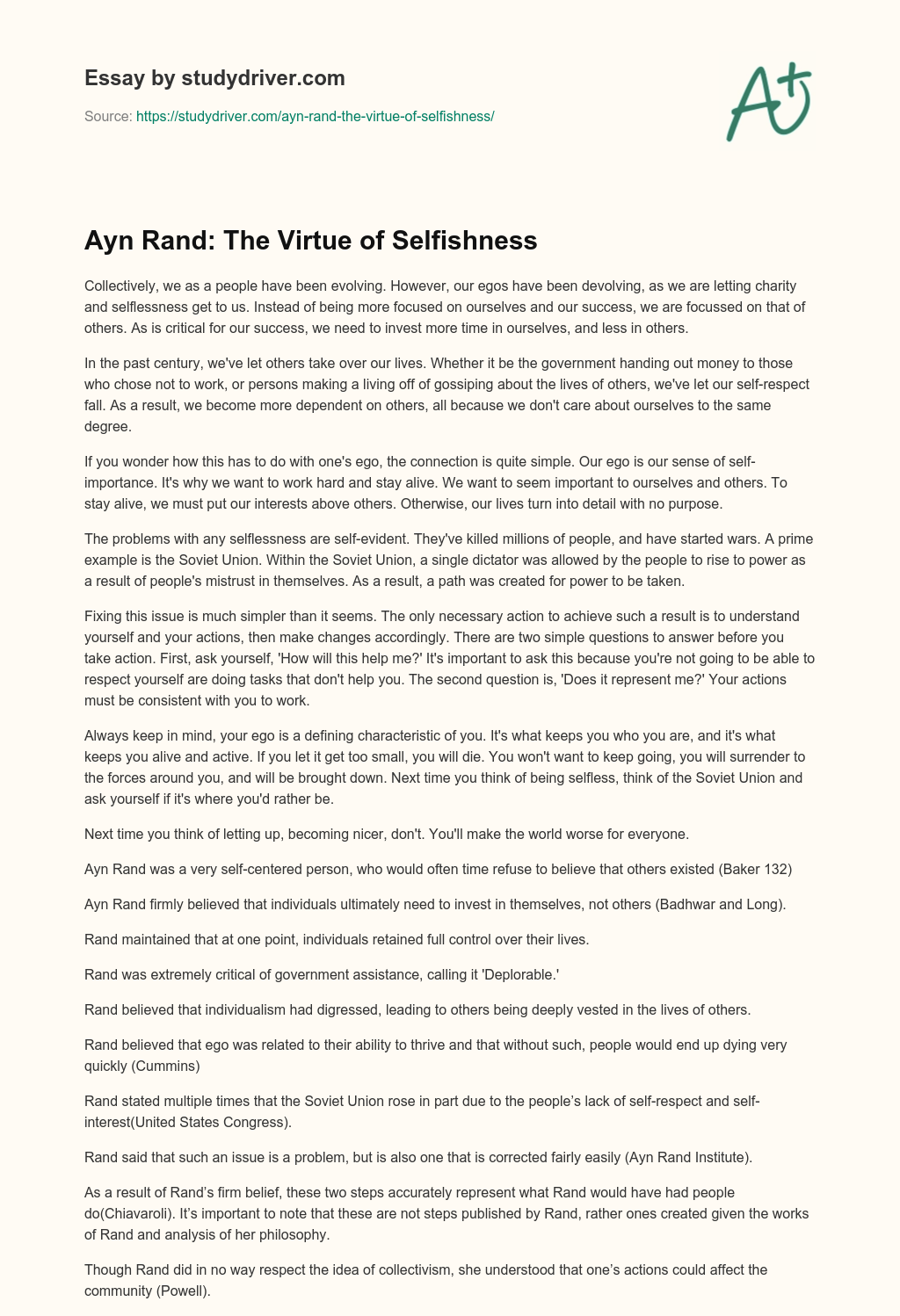 Ayn Rand: the Virtue of Selfishness essay