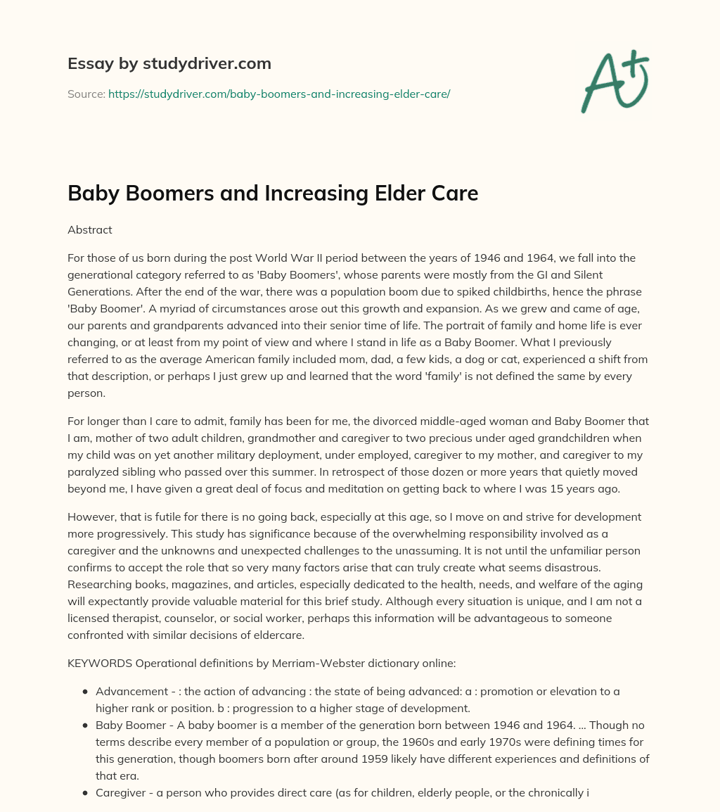 Baby Boomers and Increasing Elder Care essay