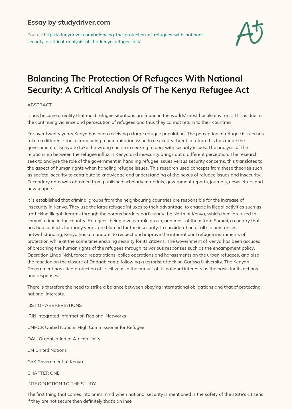 Balancing the Protection of Refugees with National Security: a Critical Analysis of the Kenya Refugee Act essay