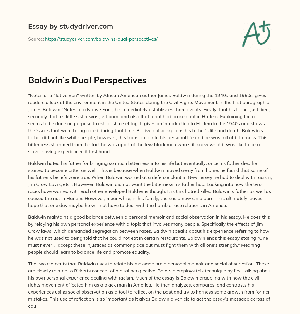 Baldwin’s Dual Perspectives essay