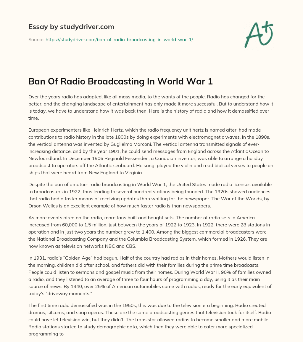 Ban of Radio Broadcasting in World War 1 essay
