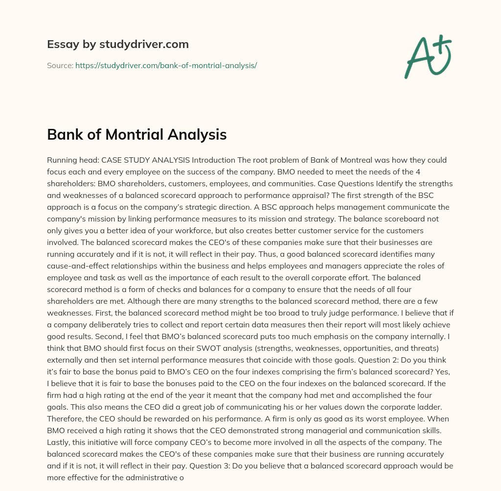 Bank of Montrial Analysis essay