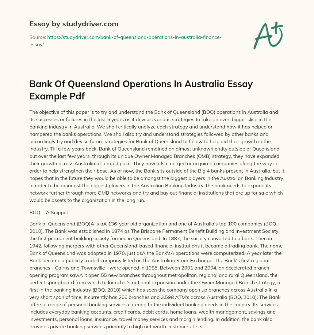 Bank of Queensland Operations in Australia Essay Example Pdf essay