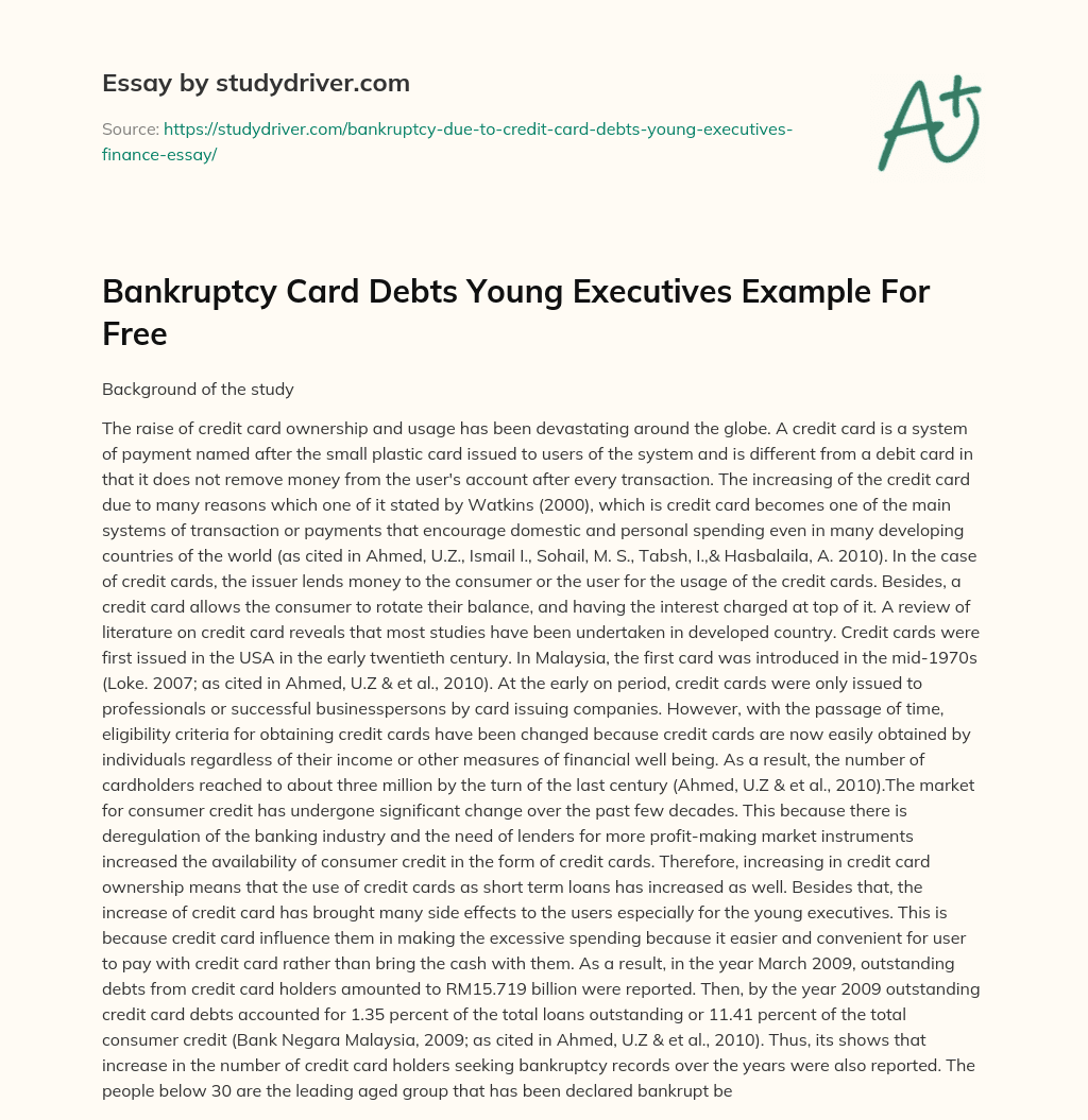Bankruptcy Card Debts Young Executives Example for Free essay