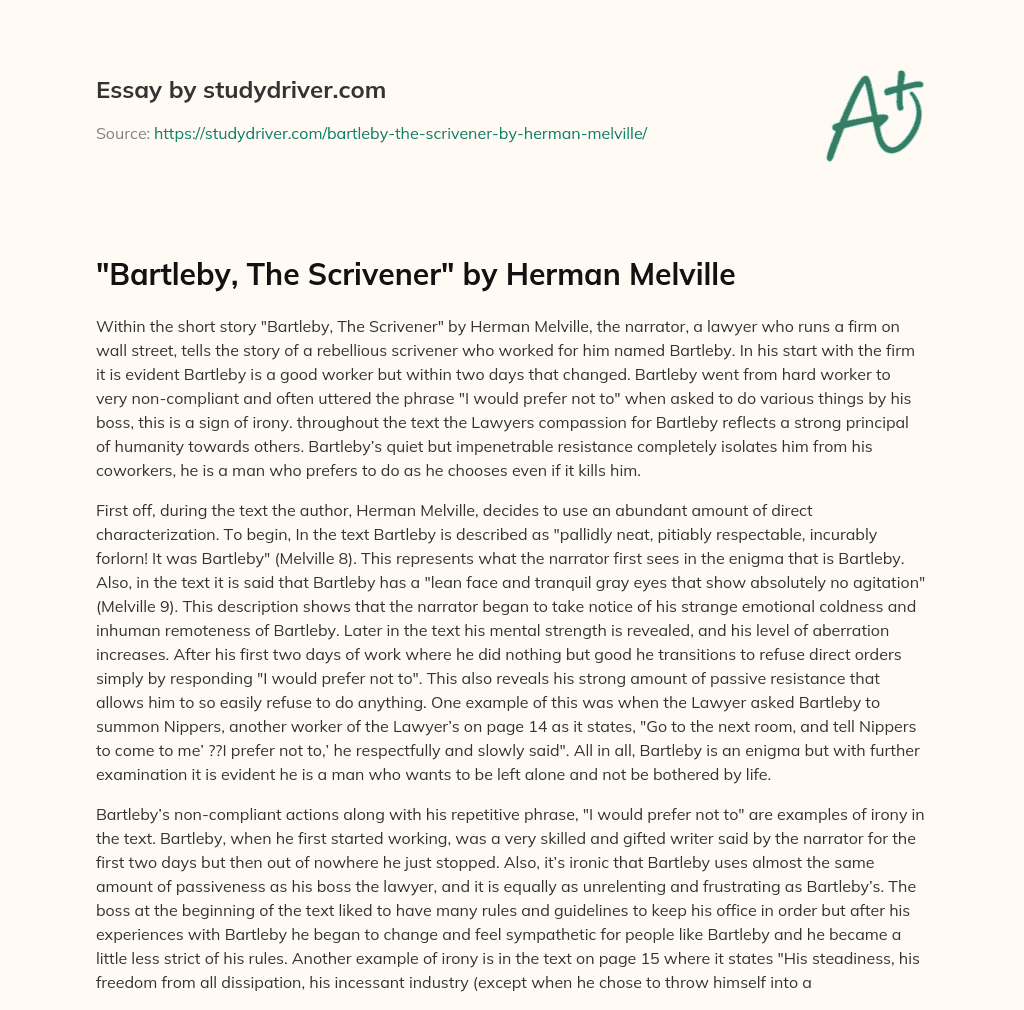 “Bartleby, the Scrivener” by Herman Melville essay