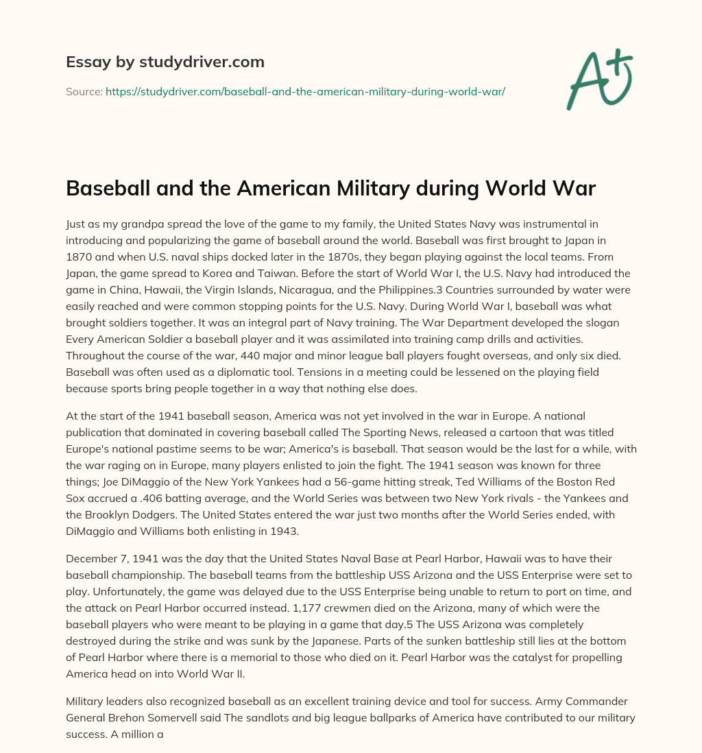 Baseball and the American Military during World War essay