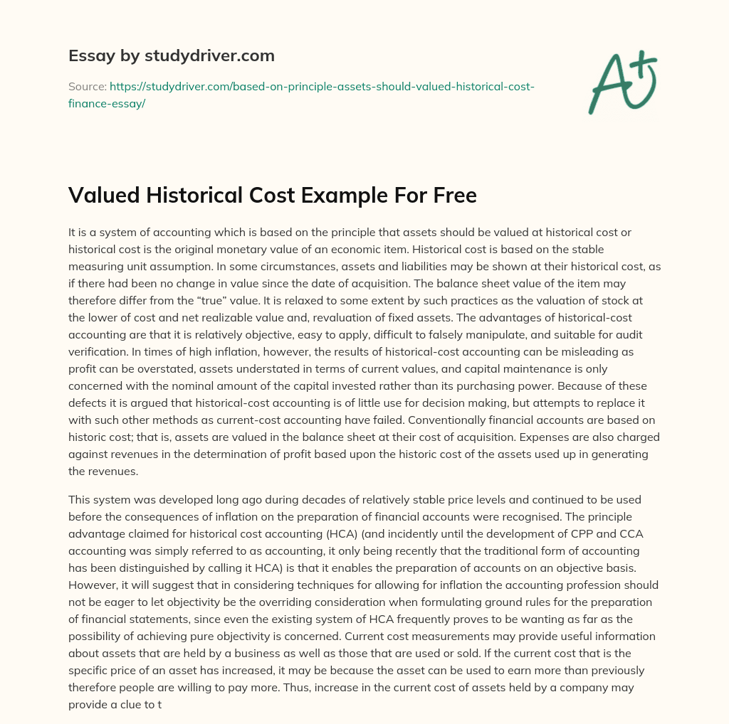 Valued Historical Cost Example for Free essay