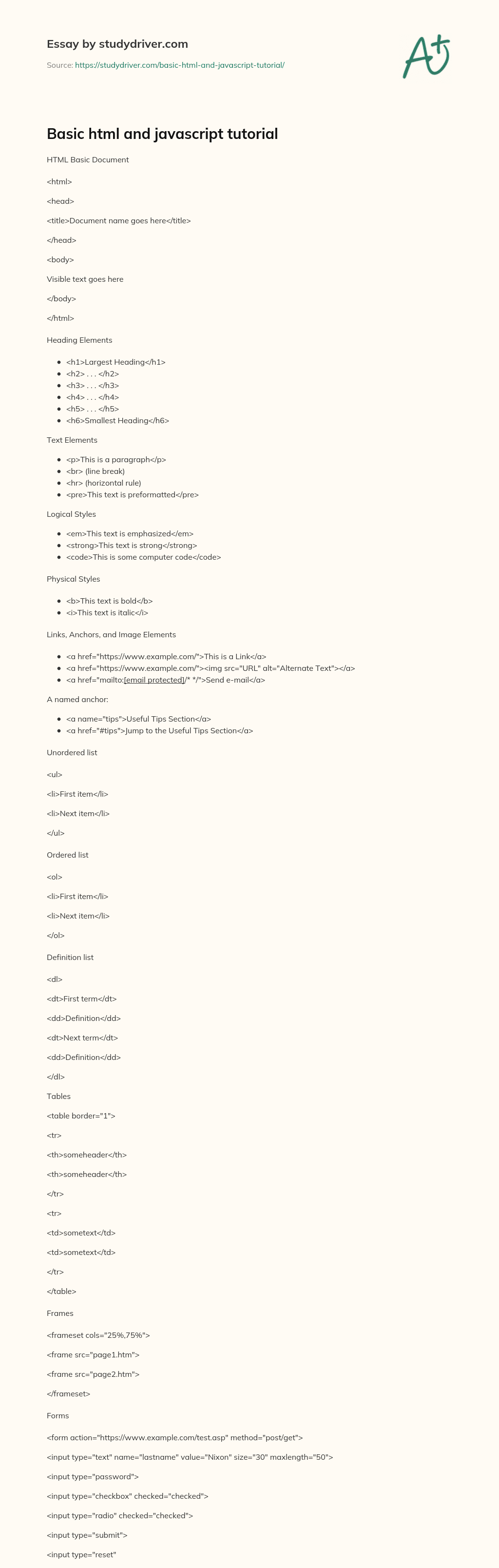 Basic Html and Javascript Tutorial essay