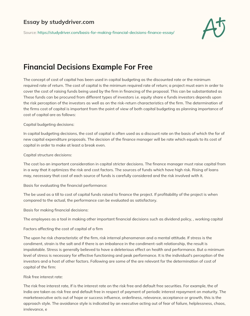 Financial Decisions Example for Free essay