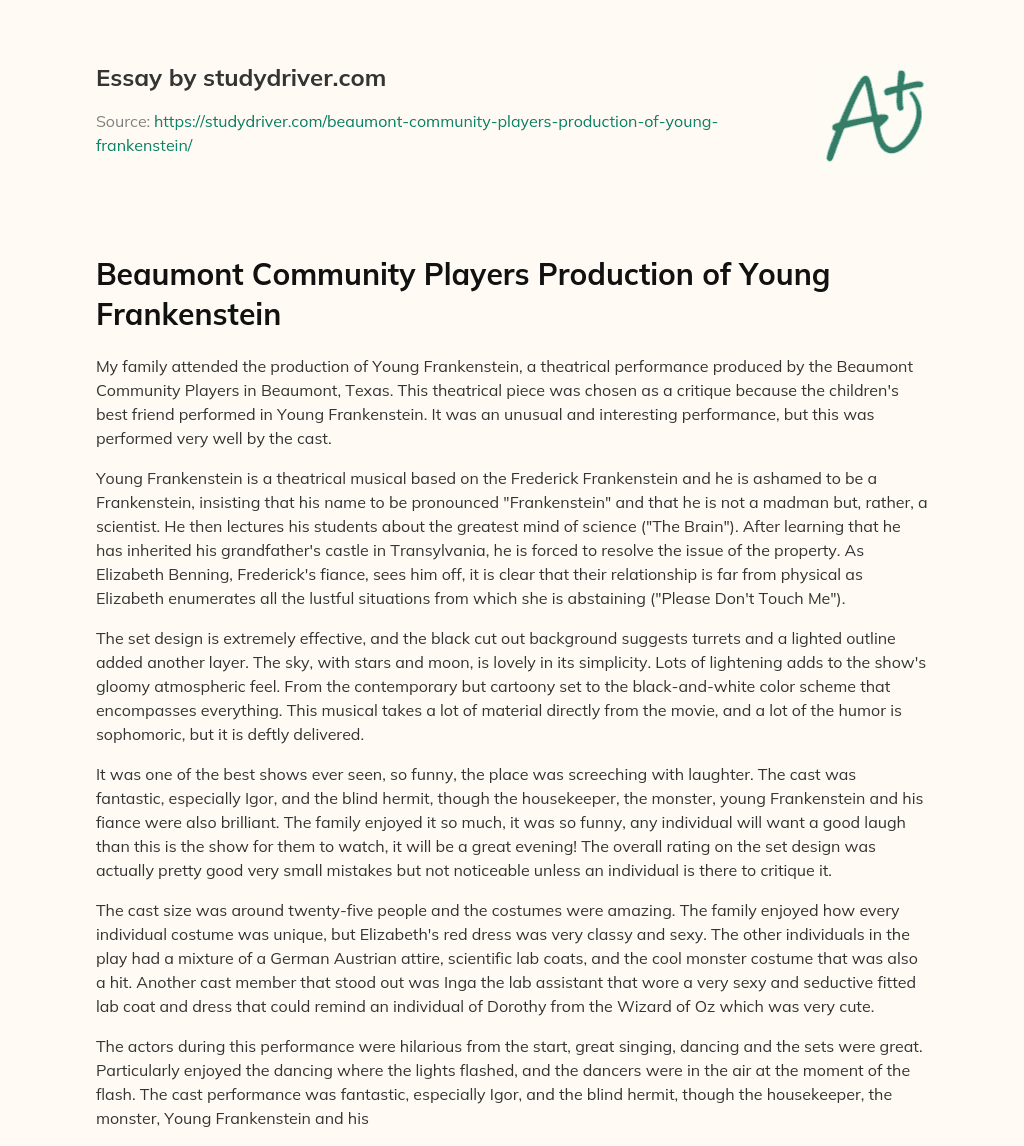 Beaumont Community Players Production of Young Frankenstein essay