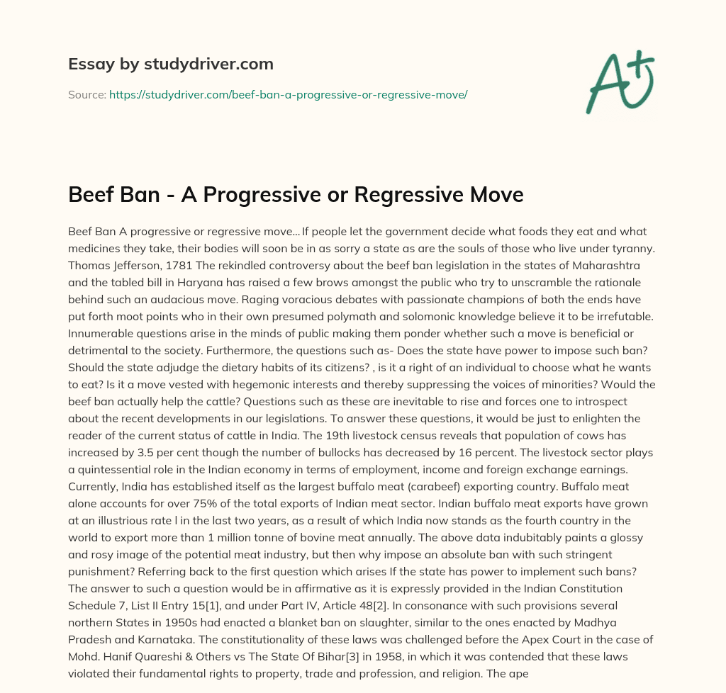 Beef Ban – a Progressive or Regressive Move essay