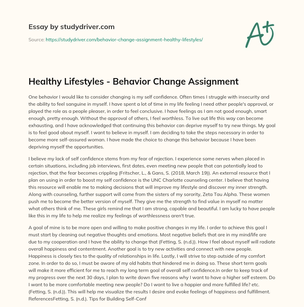 Healthy Lifestyles – Behavior Change Assignment essay