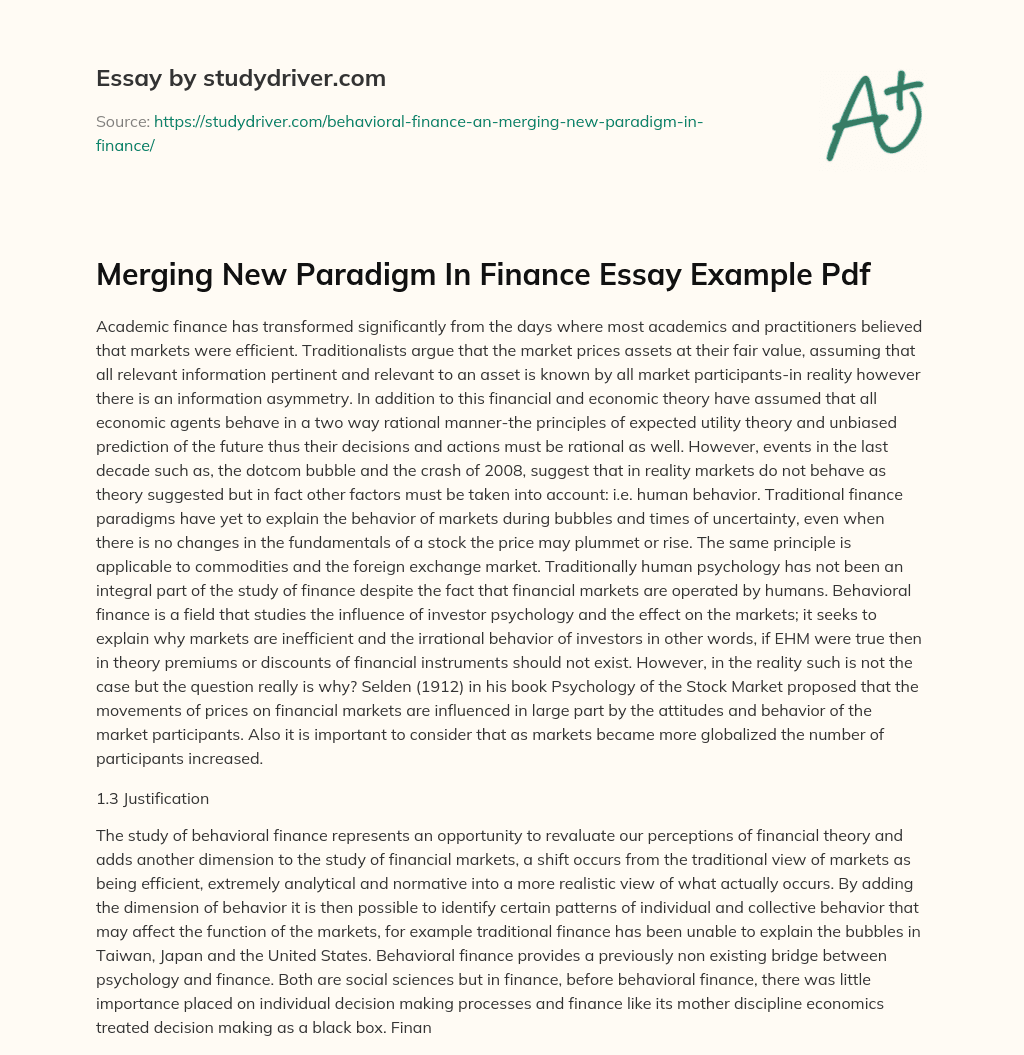 Merging New Paradigm in Finance Essay Example Pdf essay