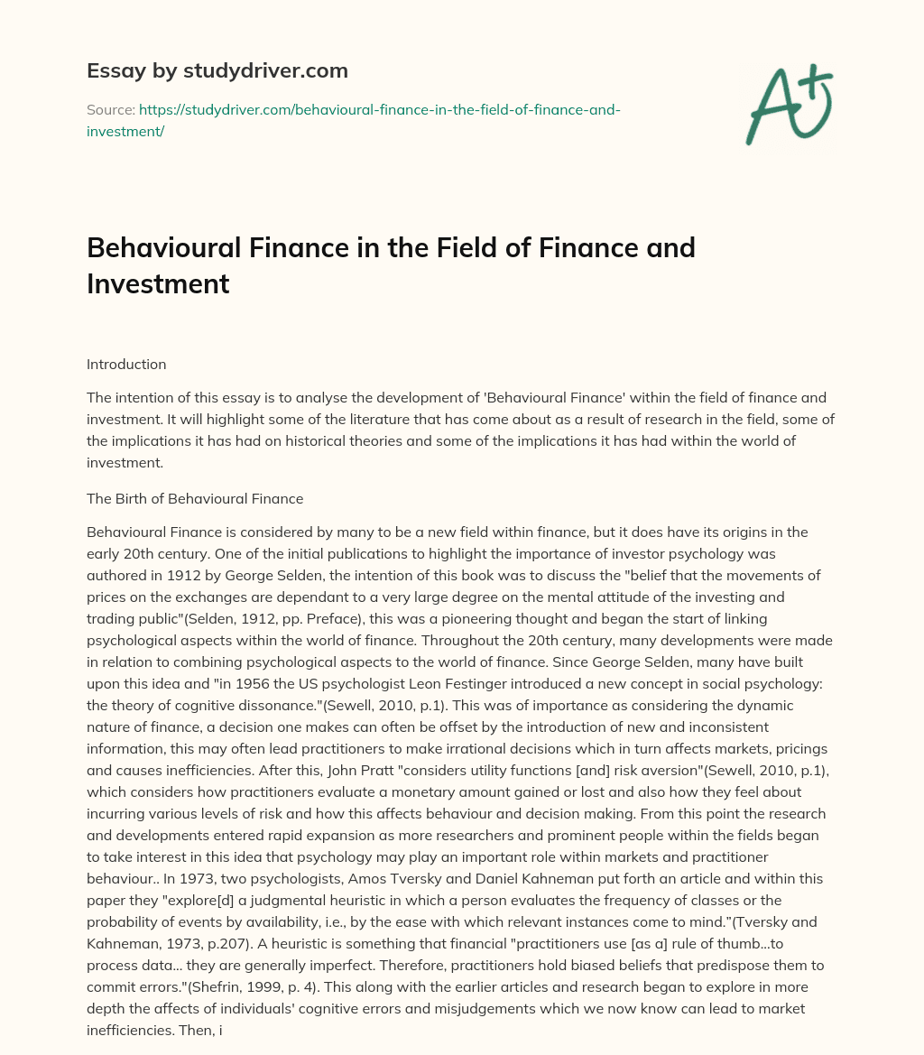 Behavioural Finance in the Field of Finance and Investment essay