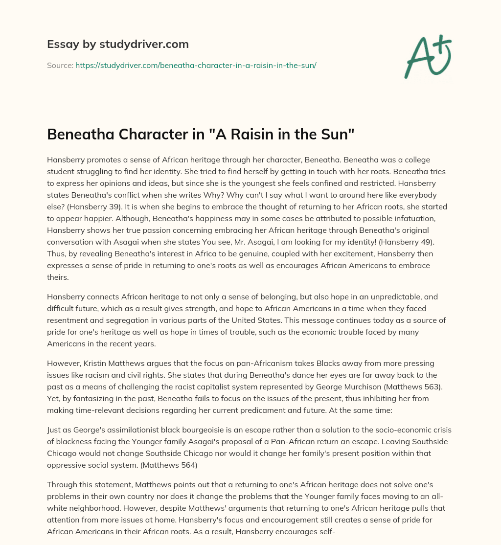Beneatha Character in “A Raisin in the Sun” essay