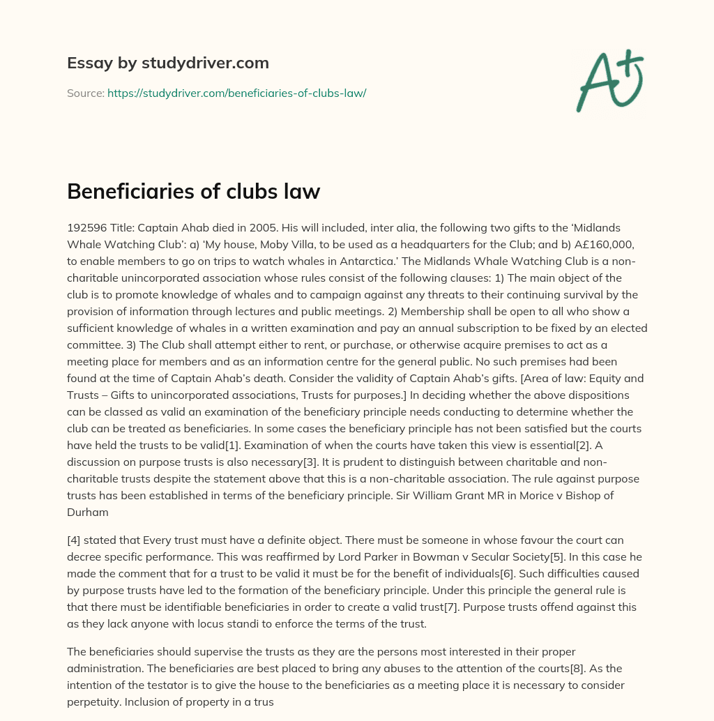 Beneficiaries of Clubs Law essay