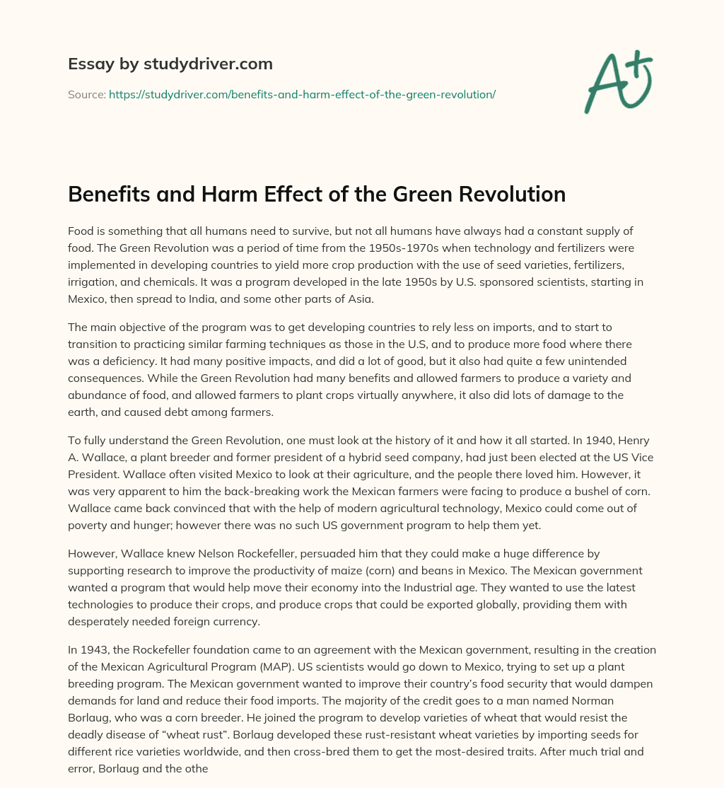 Benefits and Harm Effect of the Green Revolution essay