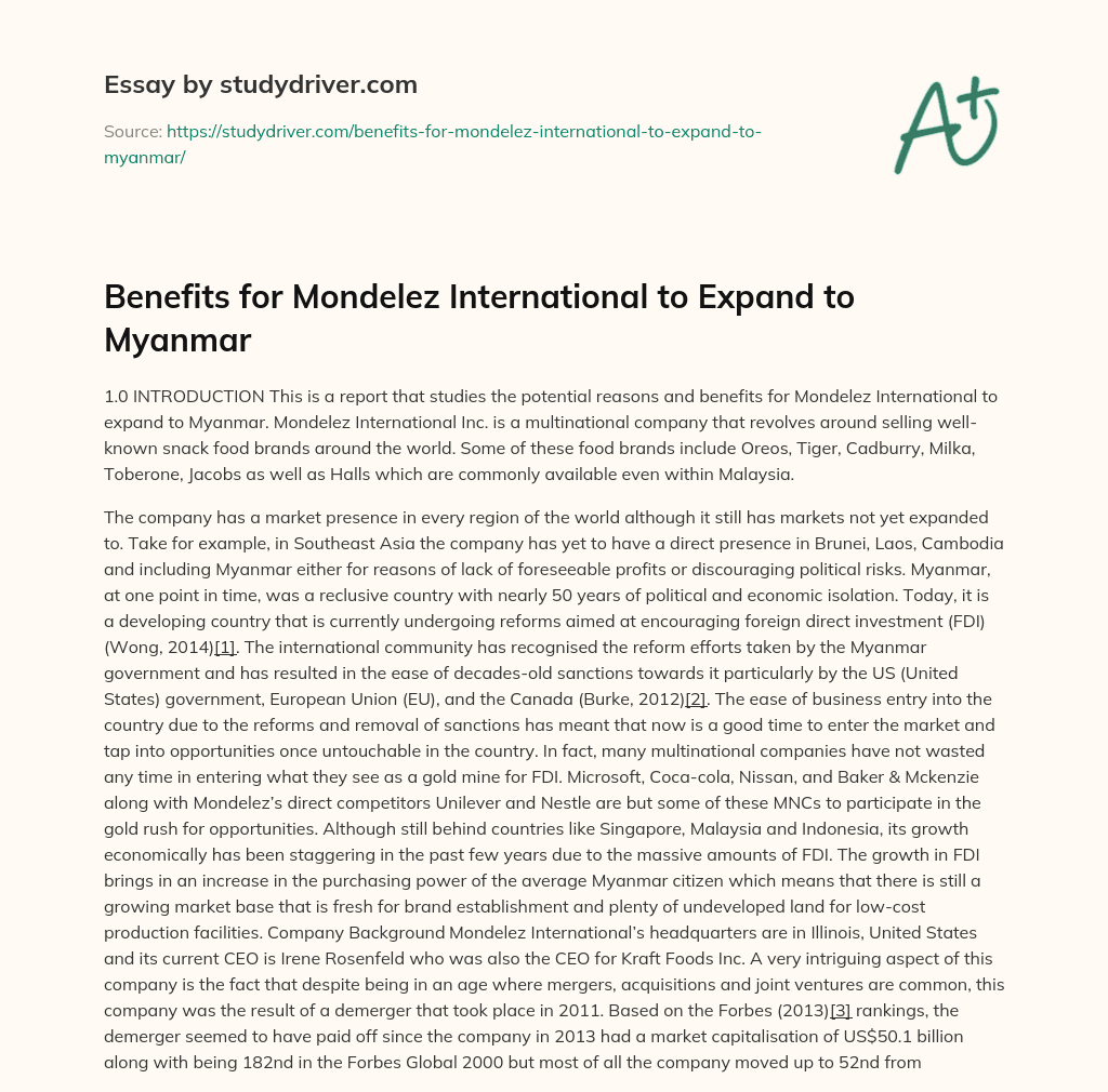 Benefits for Mondelez International to Expand to Myanmar essay